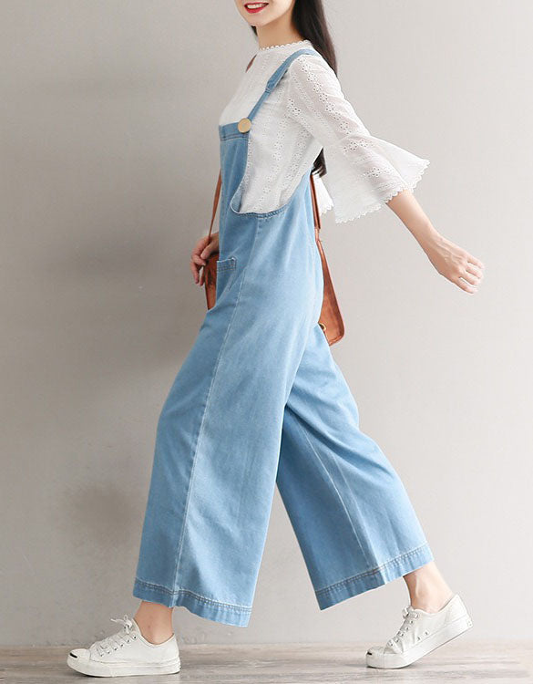 Side View of Light Blue Oversized Wide Leg Denim Jumpsuit for Women