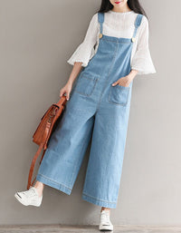 Side View of Casual Loose Wide Leg Denim Jumpsuit for Women
