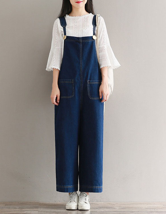 Front View of Dark Blue Casual Loose Wide Leg Denim Jumpsuit for Women