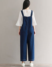 Back of Dark Blue Relaxed Fit Wide Leg Denim Jumpsuit for Women