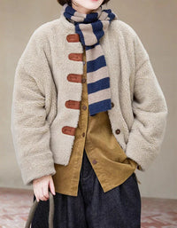 Casual Loose Wooden Buttons Sherpa Fleece Jacket for Women - Islinen