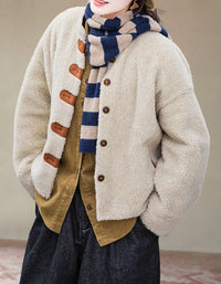 Casual Loose Wooden Buttons Sherpa Fleece Jacket for Women - Islinen
