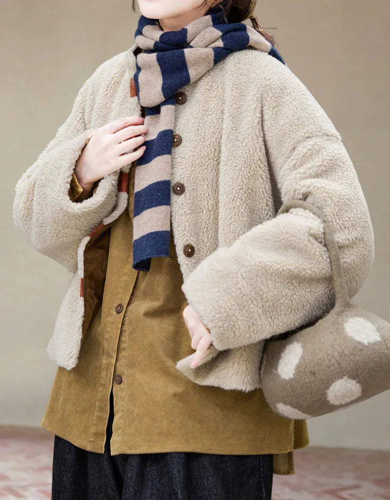 Casual Loose Wooden Buttons Sherpa Fleece Jacket for Women - Islinen
