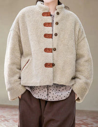 Casual Loose Wooden Buttons Sherpa Fleece Jacket for Women - Islinen