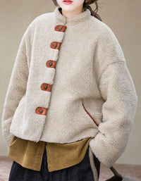 Casual Loose Wooden Buttons Sherpa Fleece Jacket for Women - Islinen