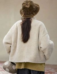 Casual Loose Wooden Buttons Sherpa Fleece Jacket for Women - Islinen