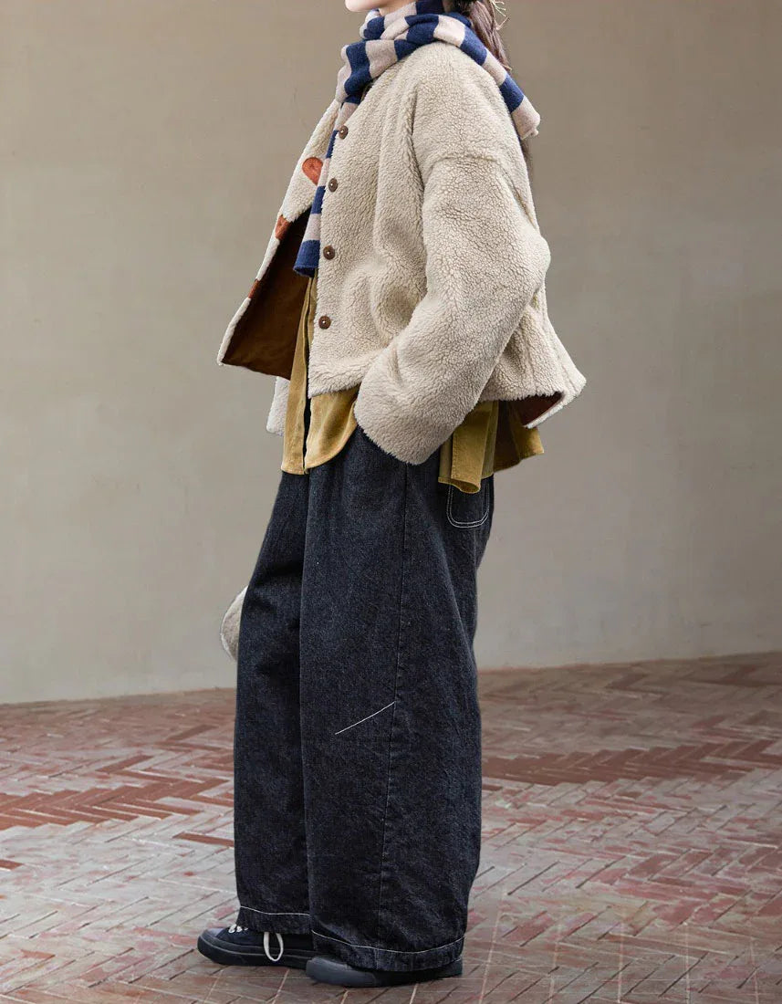 Casual Loose Wooden Buttons Sherpa Fleece Jacket for Women - Islinen