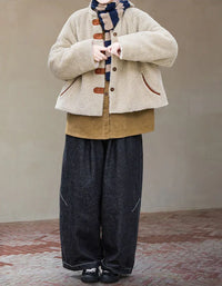 Casual Loose Wooden Buttons Sherpa Fleece Jacket for Women - Islinen