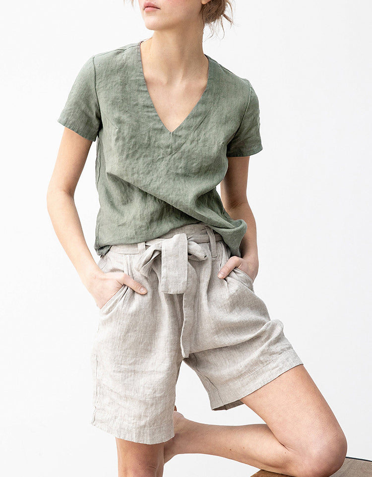 Casual Minimalist V-Neck Natural Linen Top