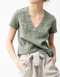 Casual Minimalist V-Neck Natural Linen Top