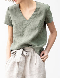 Casual Minimalist V-Neck Natural Linen Top