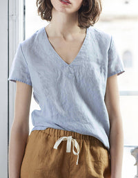 Casual Minimalist V-Neck Natural Linen Top