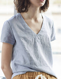 Casual Minimalist V-Neck Natural Linen Top