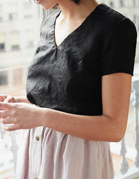 Casual Minimalist V-Neck Natural Linen Top