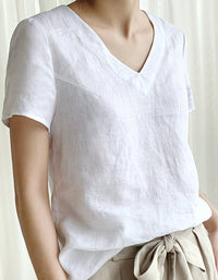 Casual Minimalist V-Neck Natural Linen Top