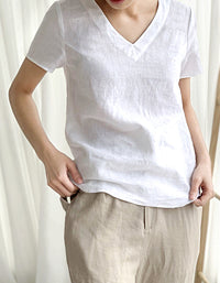 Casual Minimalist V-Neck Natural Linen Top