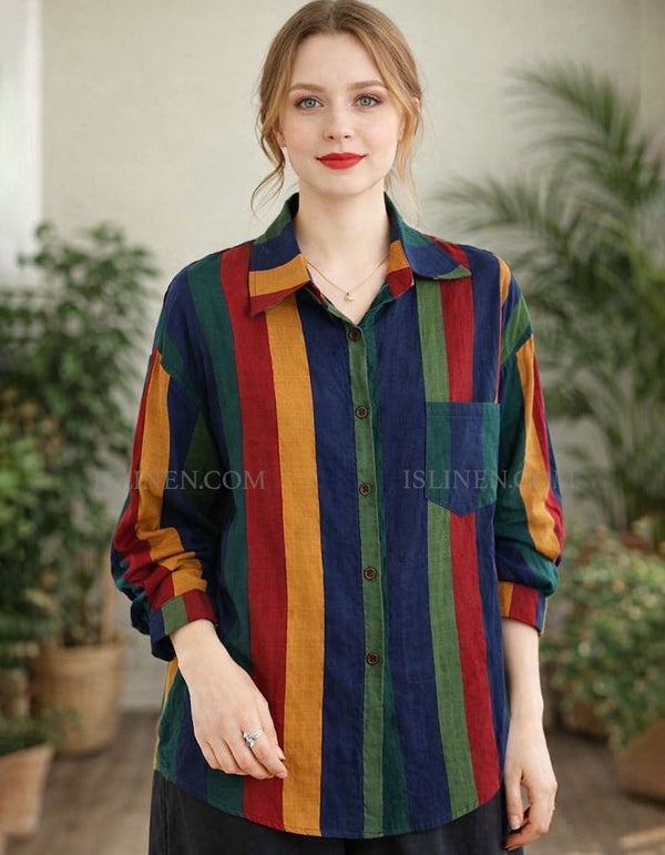 Women’s multicolor striped button-down shirt front view