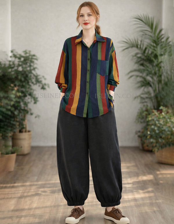 Women’s breathable cotton striped shirt outfit styling full view