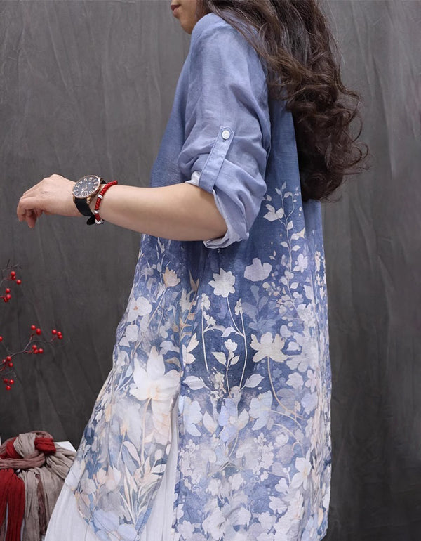 Casual Oversized Floral Blue Linen Tunic