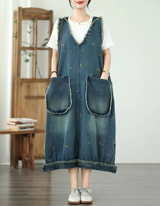 Casual Oversized Floral Stitching Hoodie Denim Dress – Islinen