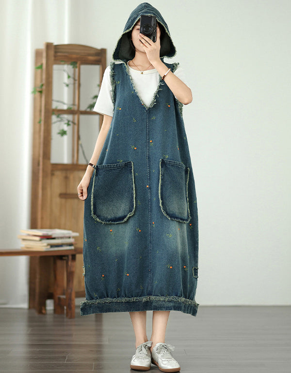 Casual Oversized Floral Stitching Hoodie Denim Dress