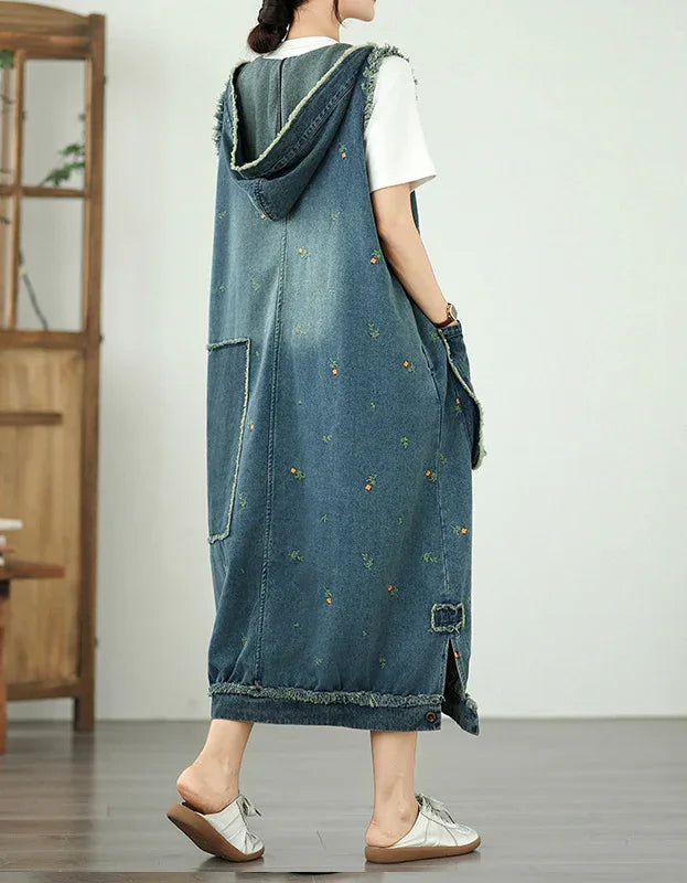 Casual Oversized Floral Stitching Hoodie Denim Dress – Islinen