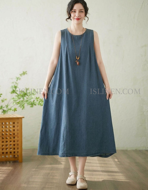 Women Sleeveless Denim Maxi Dress Loose Casual Style
