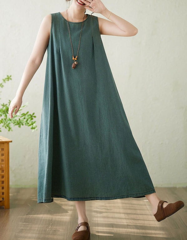 Loose Fit Denim Maxi Dress Women Sleeveless Summer