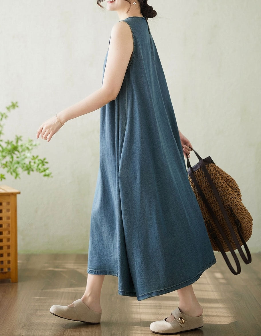 Sleeveless Blue Denim Dress Women Relaxed Fit Maxi
