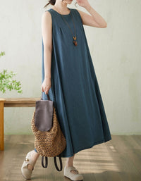 Women Casual Blue Denim Sleeveless Long Dress