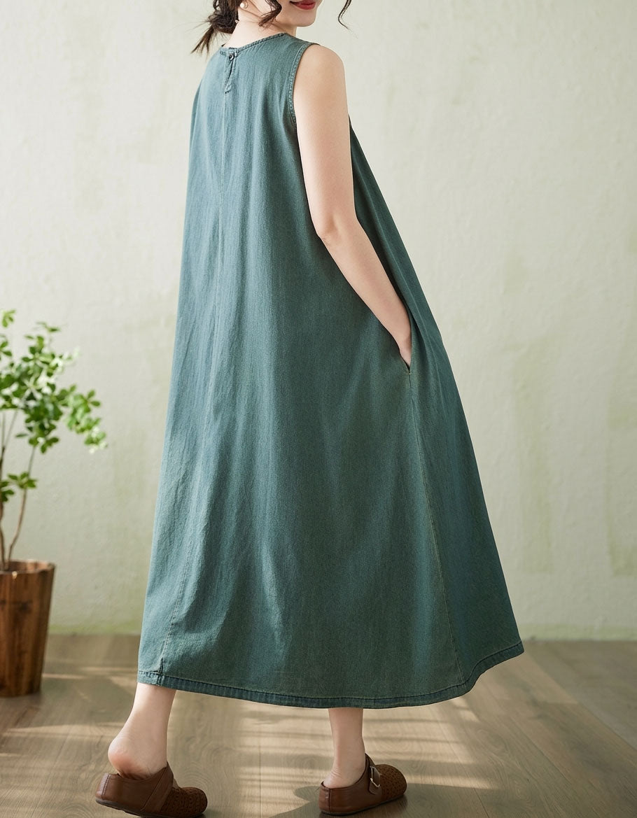 Vintage Denim Maxi Dress Women Loose A Line Dress