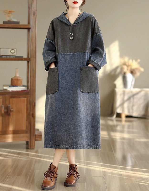 Women’s hooded denim midi dress with pockets, loose fit casual dress