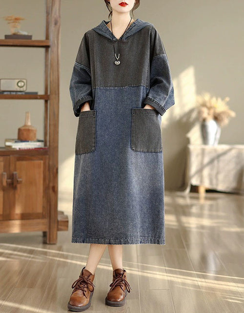 Women’s hooded denim midi dress with pockets, loose fit casual dress