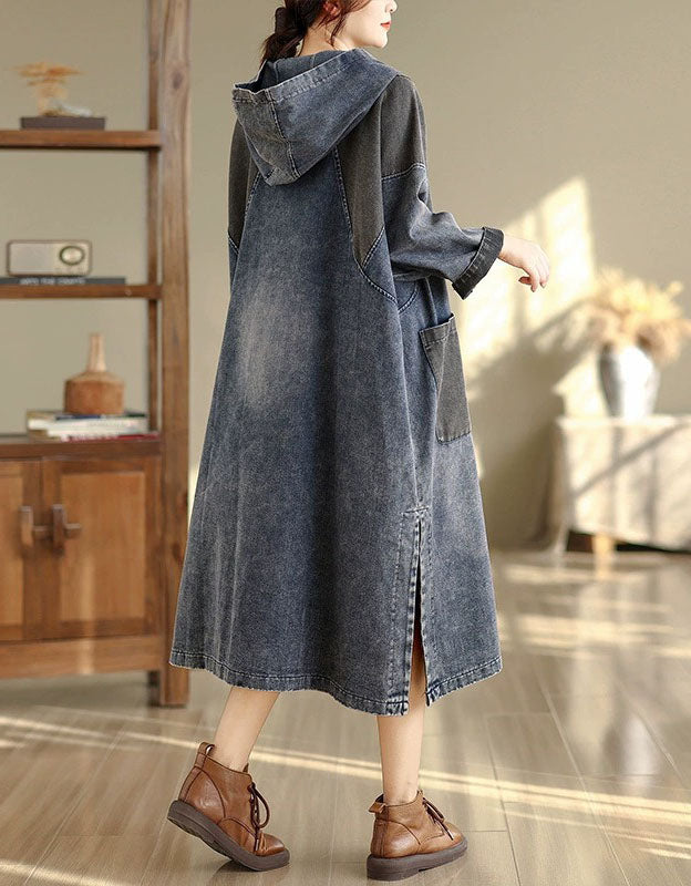 Back view of women’s casual hooded denim dress with relaxed fit