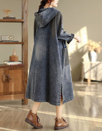 Back view of women’s casual hooded denim dress with relaxed fit