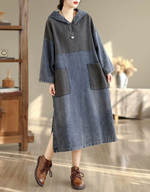 Front view of women’s casual hooded denim dress with relaxed fit