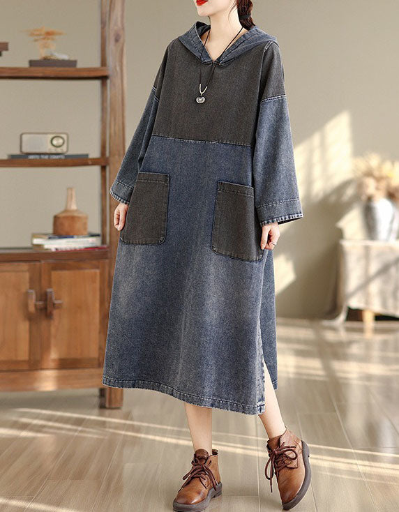 Side view of loose fit hooded denim midi dress for women