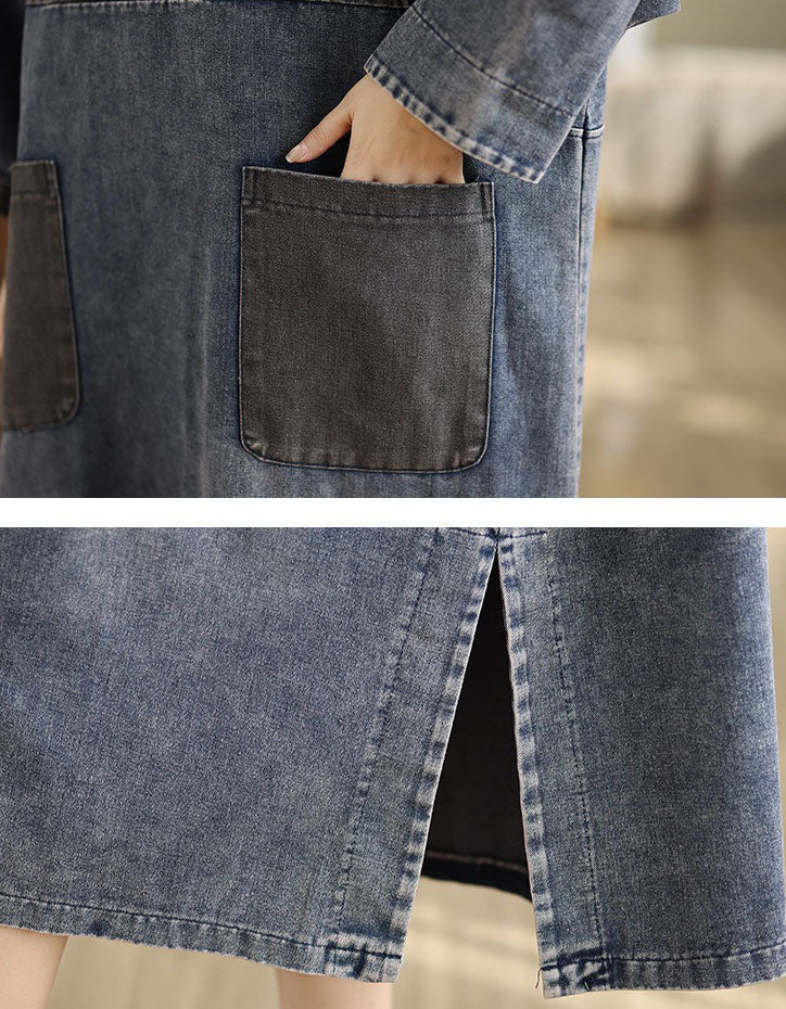 Close-up of front pockets on women’s hooded denim dress