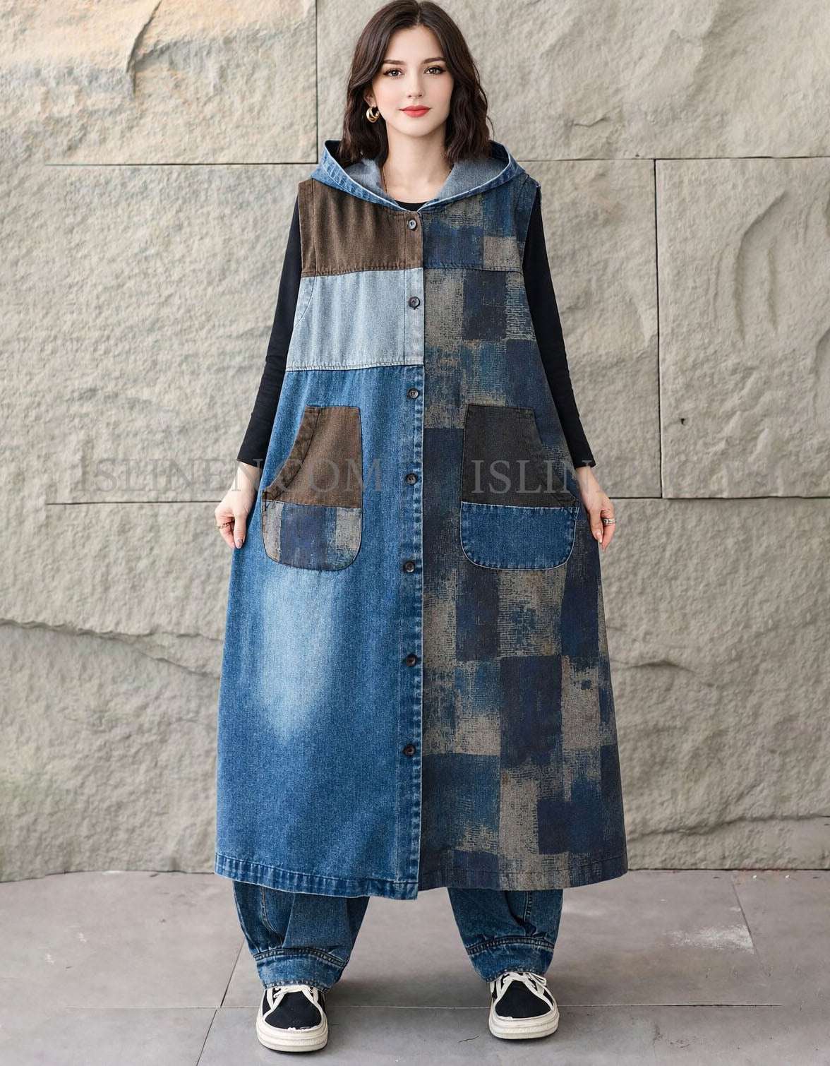 Women’s vintage patchwork denim hooded maxi dress with oversized fit and button front
