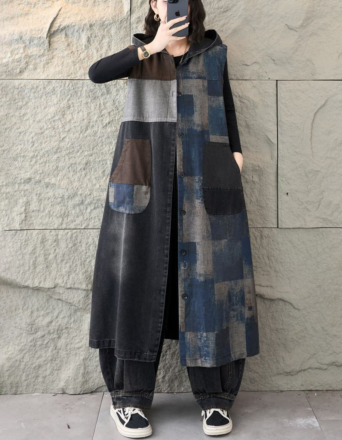 Women’s Button Front Denim Hooded Dress – Vintage Style Long Coat