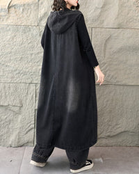 Artsy Patchwork Denim Dress for Women – Loose Fit Hooded Maxi