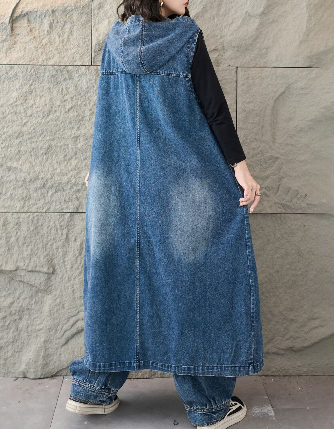 Boho Patchwork Denim Maxi Dress for Women – Hooded Oversized Coat Dress