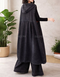 Relaxed fit women’s patchwork denim vest styled with casual pants back view