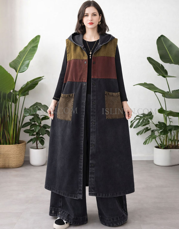 Full-body shot of women’s casual denim vest with hoodie and pockets
