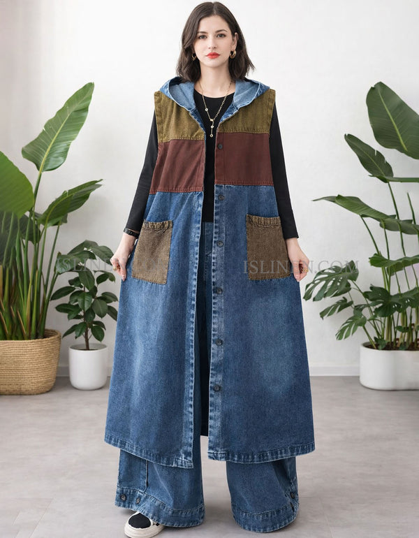 Front view of women’s color block denim hooded vest