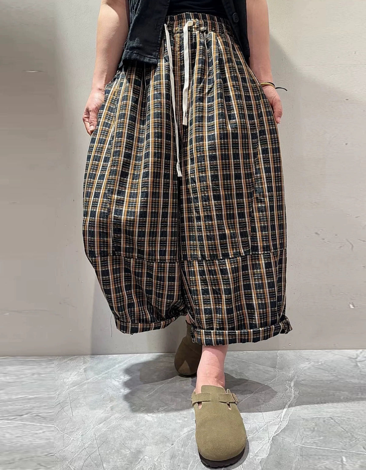 Boho Plaid Harem Trousers for Casual Everyday Wear