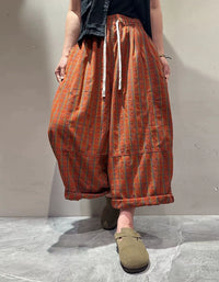 Vintage Pink Plaid Cotton Baggy Pants with Pockets