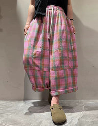 Women’s Pink Plaid Harem Pants with Drawstring Waist