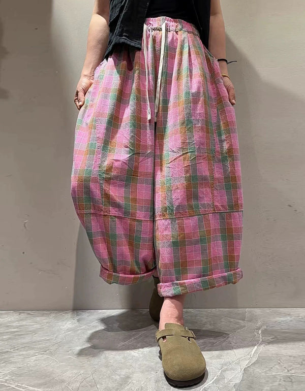 Women’s Pink Plaid Harem Pants with Drawstring Waist