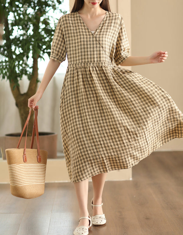 Casual Plaid V-Neck Short Sleeve Linen Midi Dress